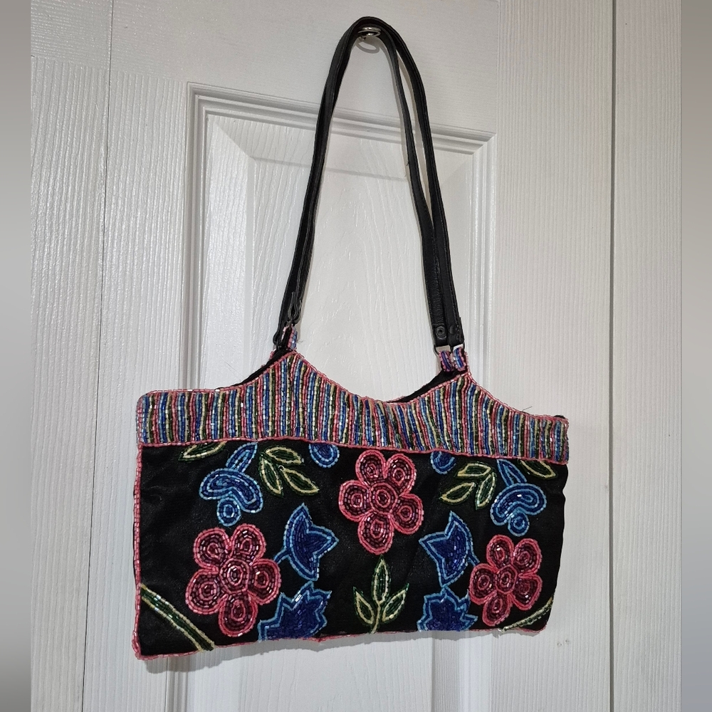 Chicos Vintage Y2k black Beaded Floral Handbag